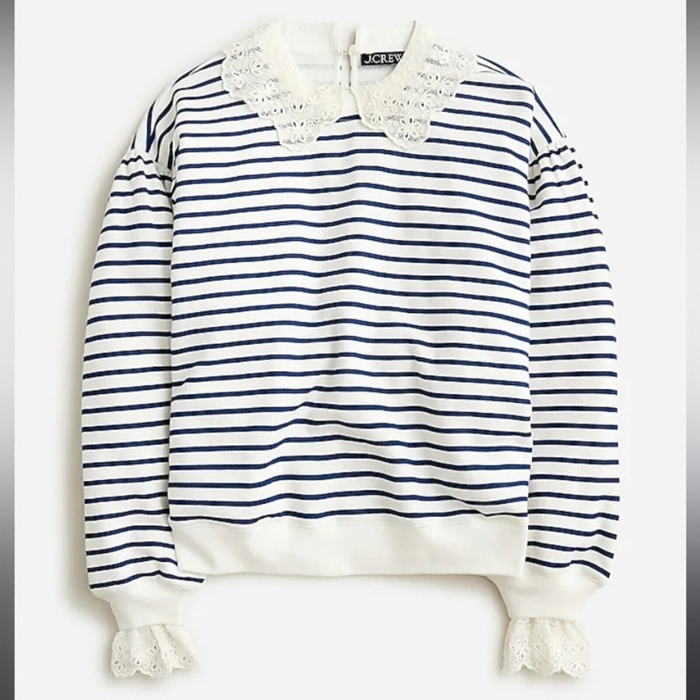 J.CREW French Terry Sweatshirt with Lace Trim Size Large L Navy Stripe 2023 Top